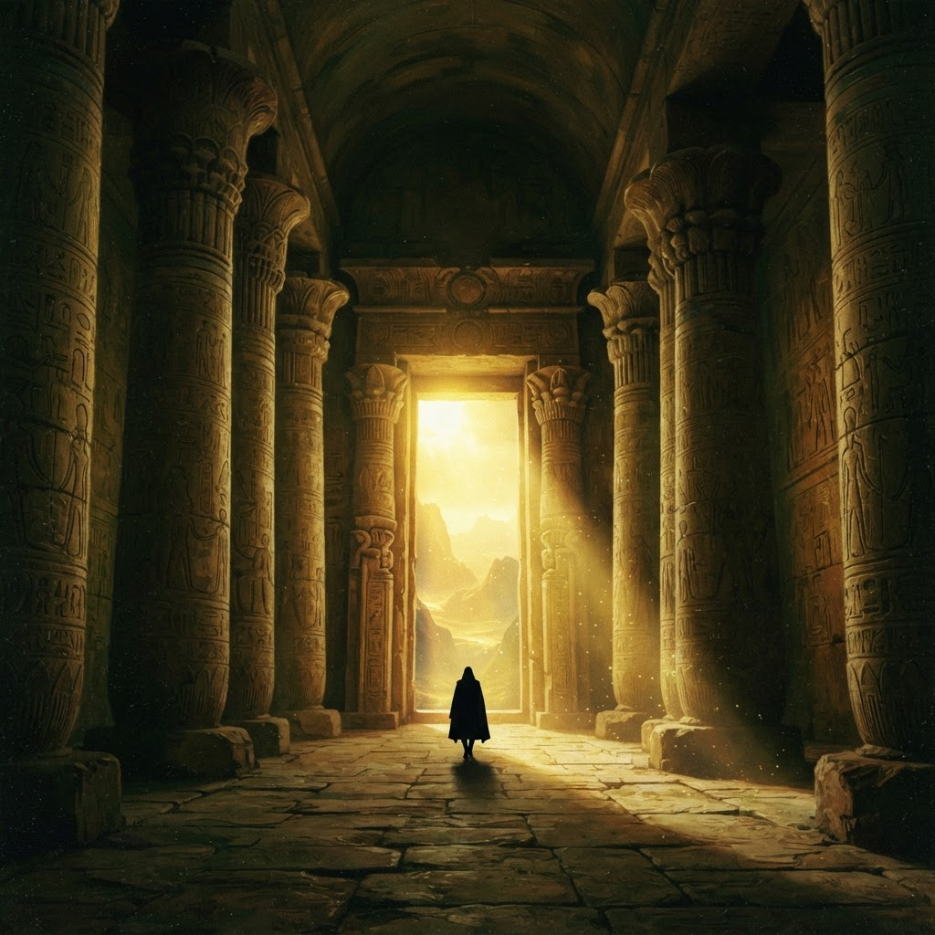 A lone figure walking toward light through a grand temple doorway