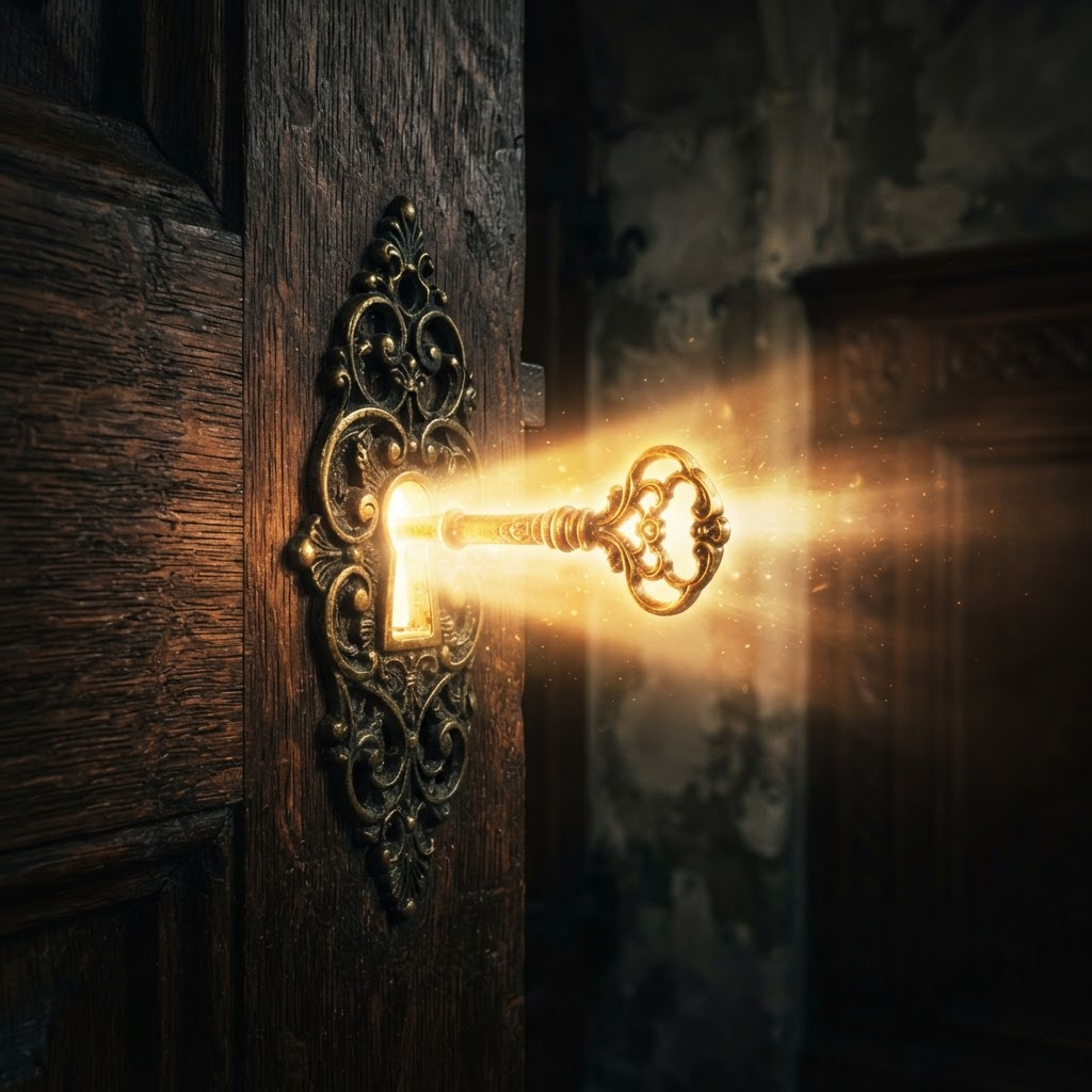 A glowing golden key in an ornate keyhole radiating light